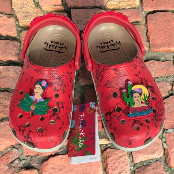 CROCS Shoes - CROCS Frida Kahlo Classic Clog Floral Strap Jibbitz Coral Red Vibrant M5 W7 NEW